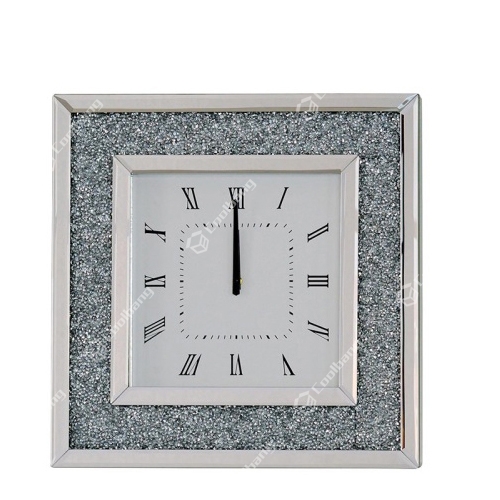 luxury silver sparkle mirrored floating crystal diamond crushed wall clock